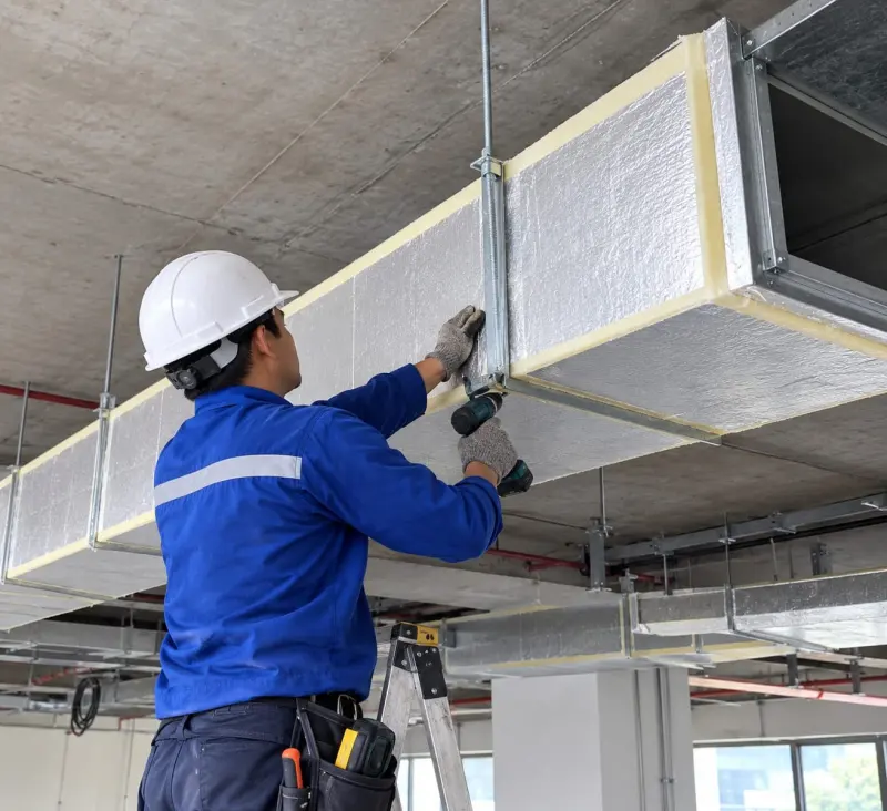Teknisi memasang ducting AC di plafon gedung