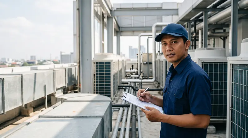 Teknisi mencatat checklist maintenance di atap gedung