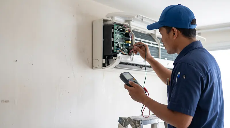 Teknisi memeriksa PCB unit AC indoor
