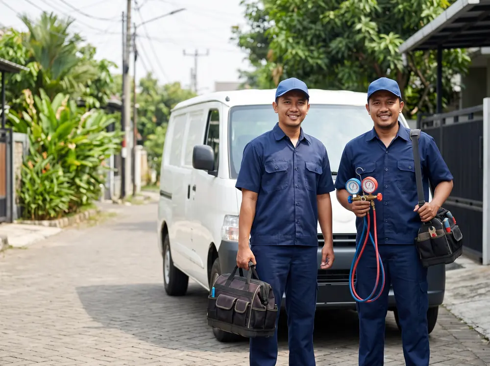 Dua teknisi Jaya Multi Prasarana dengan peralatan service AC